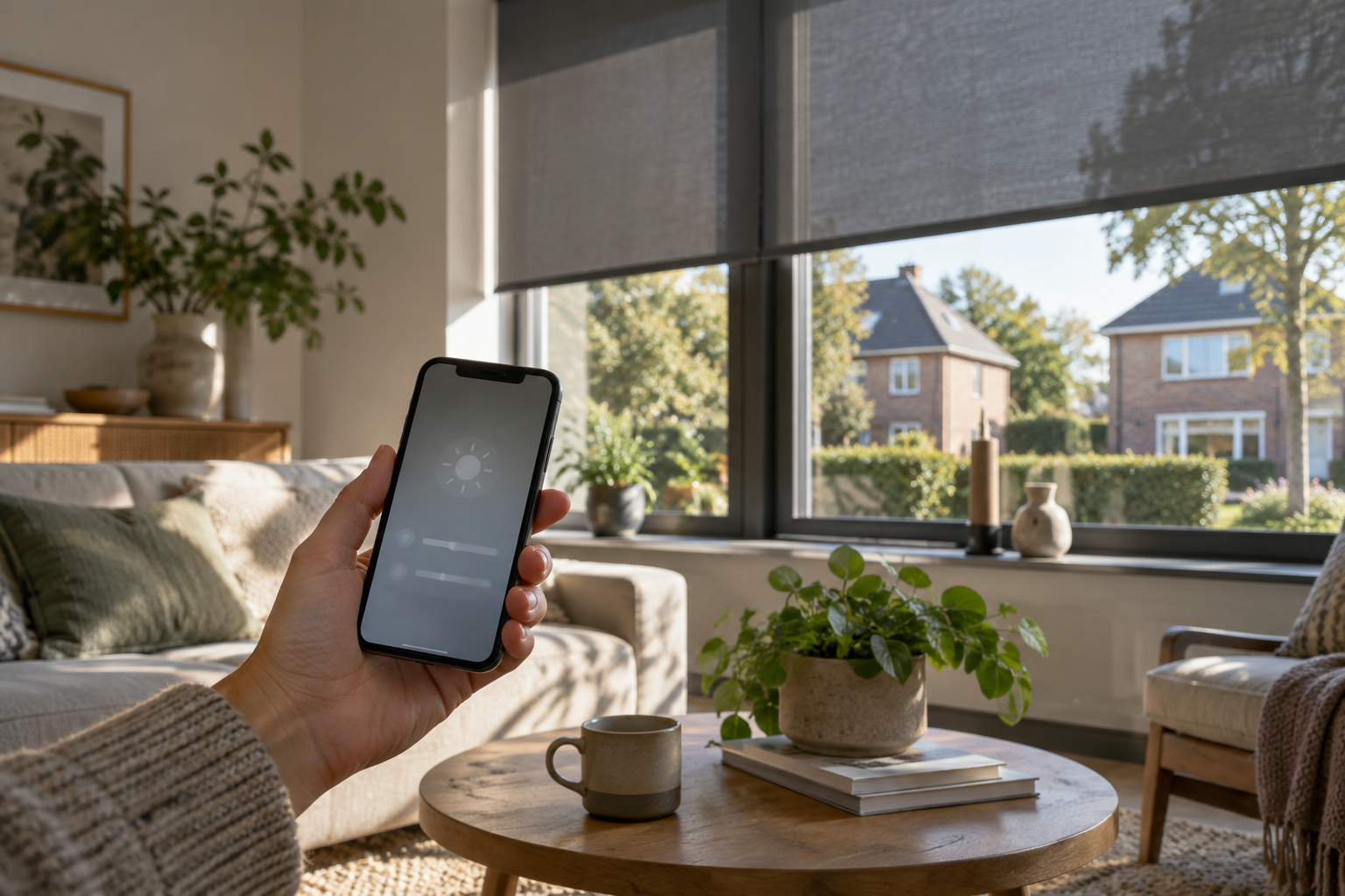 Illustratie: telefoon bij een raam met zonwering